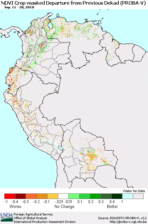 Northern South America NDVI Crop-masked Departure from Previous Dekad (PROBA-V) Thematic Map For 9/11/2018 - 9/20/2018