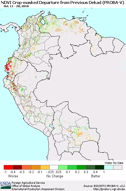 Northern South America NDVI Crop-masked Departure from Previous Dekad (PROBA-V) Thematic Map For 10/11/2018 - 10/20/2018
