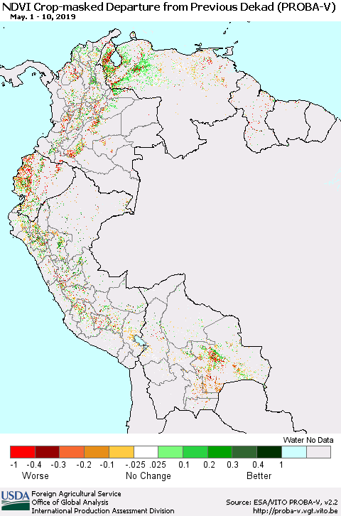 Northern South America NDVI Crop-masked Departure from Previous Dekad (PROBA-V) Thematic Map For 5/1/2019 - 5/10/2019