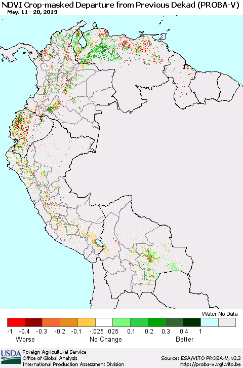 Northern South America NDVI Crop-masked Departure from Previous Dekad (PROBA-V) Thematic Map For 5/11/2019 - 5/20/2019