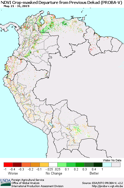 Northern South America NDVI Crop-masked Departure from Previous Dekad (PROBA-V) Thematic Map For 5/21/2019 - 5/31/2019
