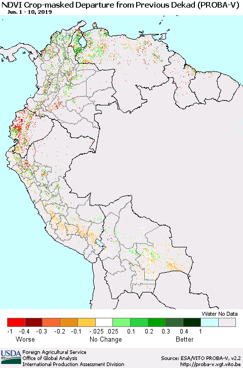 Northern South America NDVI Crop-masked Departure from Previous Dekad (PROBA-V) Thematic Map For 6/1/2019 - 6/10/2019
