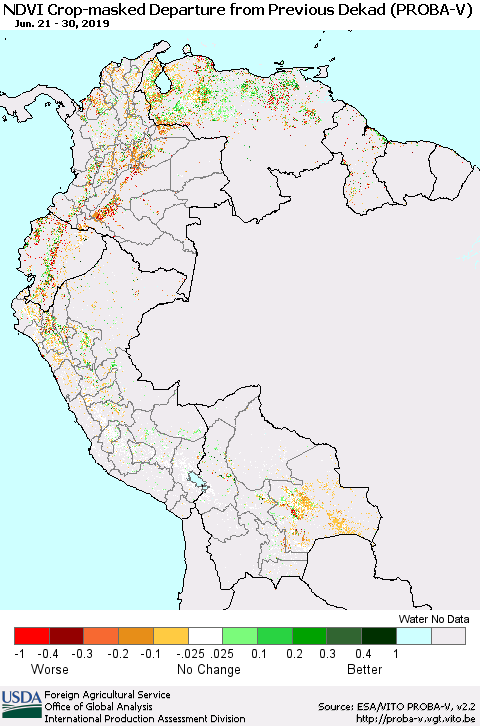 Northern South America NDVI Crop-masked Departure from Previous Dekad (PROBA-V) Thematic Map For 6/21/2019 - 6/30/2019