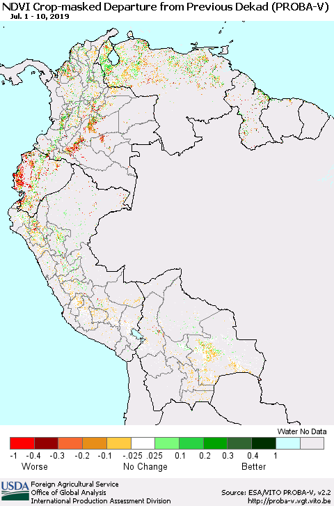 Northern South America NDVI Crop-masked Departure from Previous Dekad (PROBA-V) Thematic Map For 7/1/2019 - 7/10/2019
