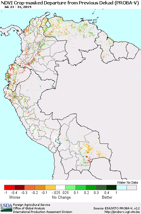 Northern South America NDVI Crop-masked Departure from Previous Dekad (PROBA-V) Thematic Map For 7/21/2019 - 7/31/2019