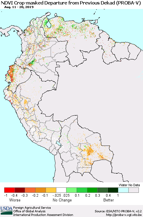 Northern South America NDVI Crop-masked Departure from Previous Dekad (PROBA-V) Thematic Map For 8/11/2019 - 8/20/2019