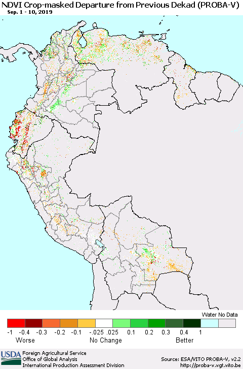 Northern South America NDVI Crop-masked Departure from Previous Dekad (PROBA-V) Thematic Map For 9/1/2019 - 9/10/2019