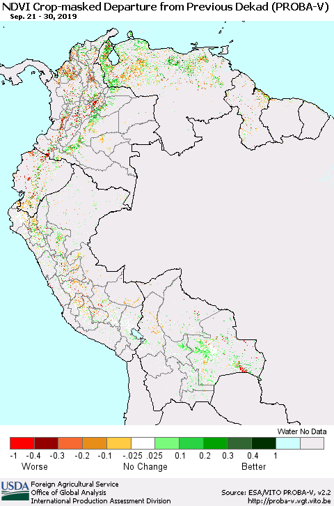 Northern South America NDVI Crop-masked Departure from Previous Dekad (PROBA-V) Thematic Map For 9/21/2019 - 9/30/2019