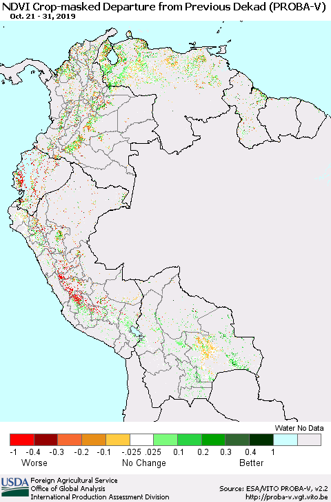 Northern South America NDVI Crop-masked Departure from Previous Dekad (PROBA-V) Thematic Map For 10/21/2019 - 10/31/2019
