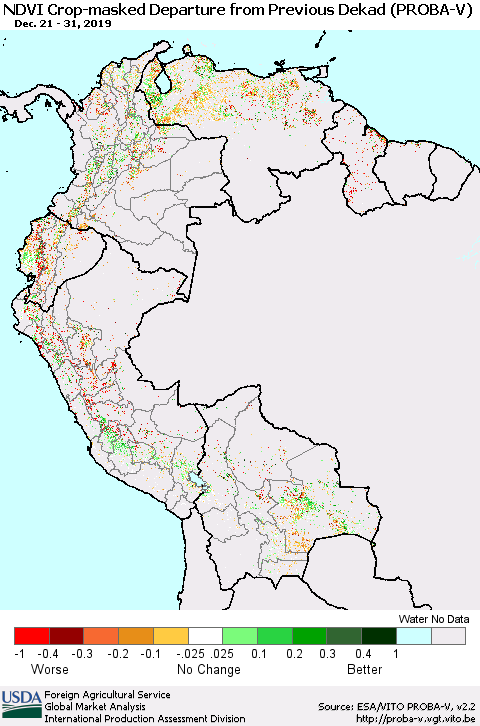 Northern South America NDVI Crop-masked Departure from Previous Dekad (PROBA-V) Thematic Map For 12/21/2019 - 12/31/2019
