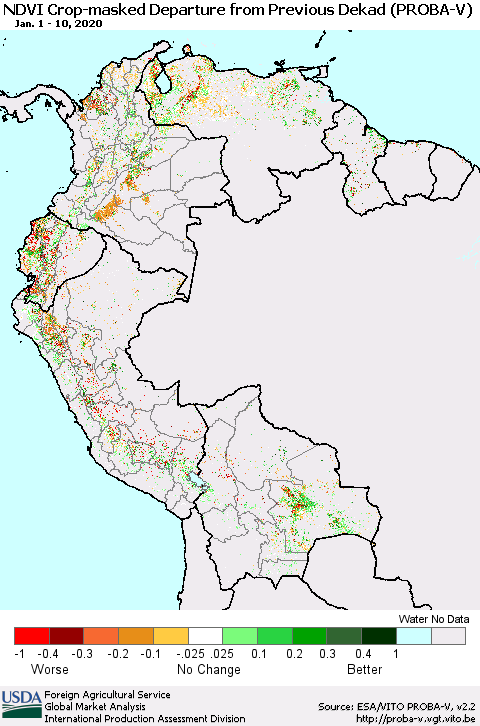 Northern South America NDVI Crop-masked Departure from Previous Dekad (PROBA-V) Thematic Map For 1/1/2020 - 1/10/2020