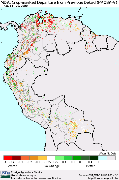 Northern South America NDVI Crop-masked Departure from Previous Dekad (PROBA-V) Thematic Map For 4/11/2020 - 4/20/2020