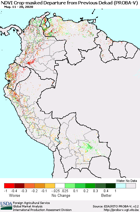 Northern South America NDVI Crop-masked Departure from Previous Dekad (PROBA-V) Thematic Map For 5/11/2020 - 5/20/2020