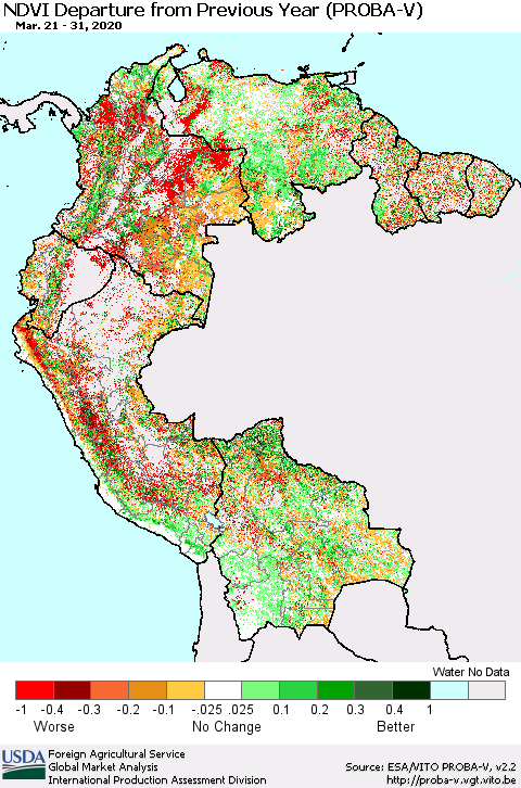 Northern South America NDVI Departure from Previous Year (PROBA-V) Thematic Map For 3/21/2020 - 3/31/2020