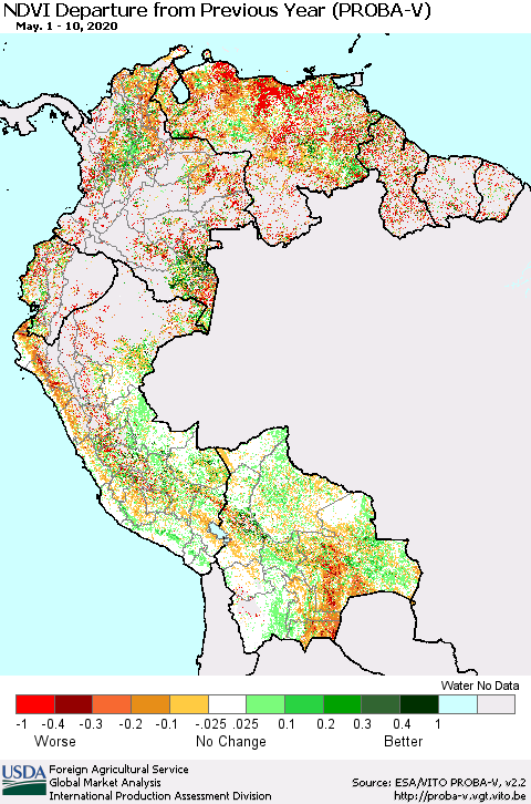 Northern South America NDVI Departure from Previous Year (PROBA-V) Thematic Map For 5/1/2020 - 5/10/2020