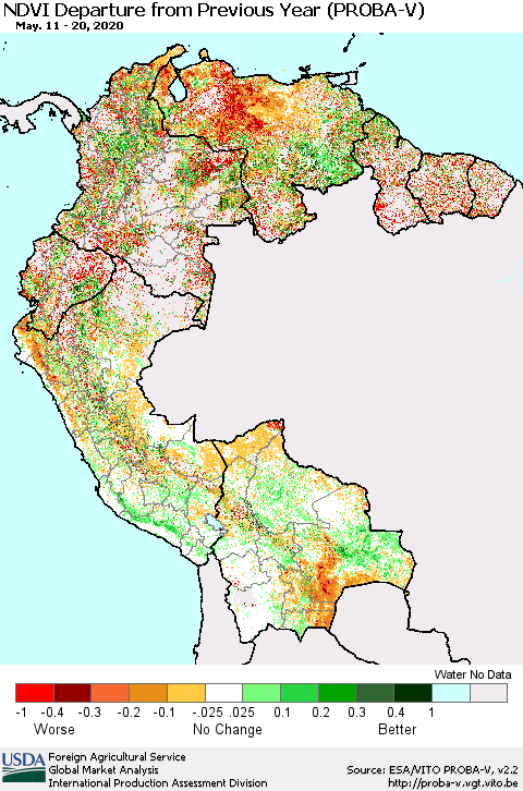 Northern South America NDVI Departure from Previous Year (PROBA-V) Thematic Map For 5/11/2020 - 5/20/2020