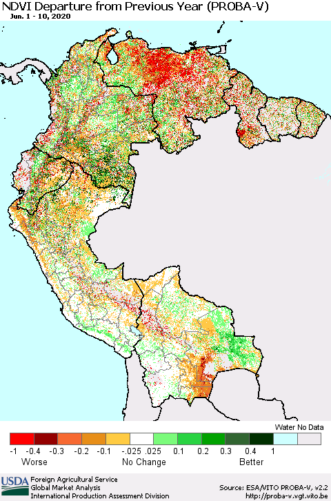 Northern South America NDVI Departure from Previous Year (PROBA-V) Thematic Map For 6/1/2020 - 6/10/2020