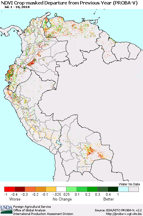 Northern South America NDVI Crop-masked Departure from Previous Year (PROBA-V) Thematic Map For 7/1/2018 - 7/10/2018