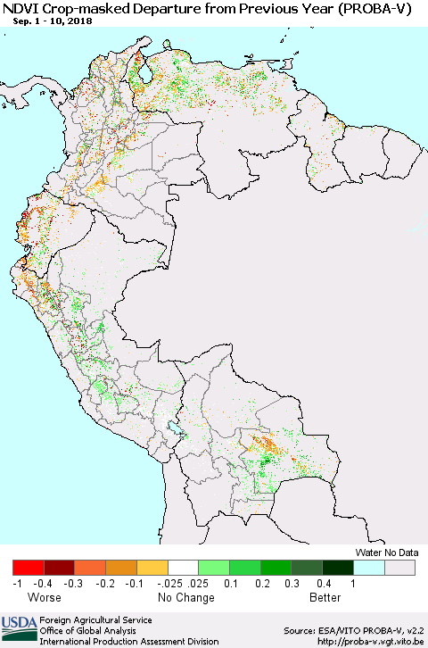 Northern South America NDVI Crop-masked Departure from Previous Year (PROBA-V) Thematic Map For 9/1/2018 - 9/10/2018