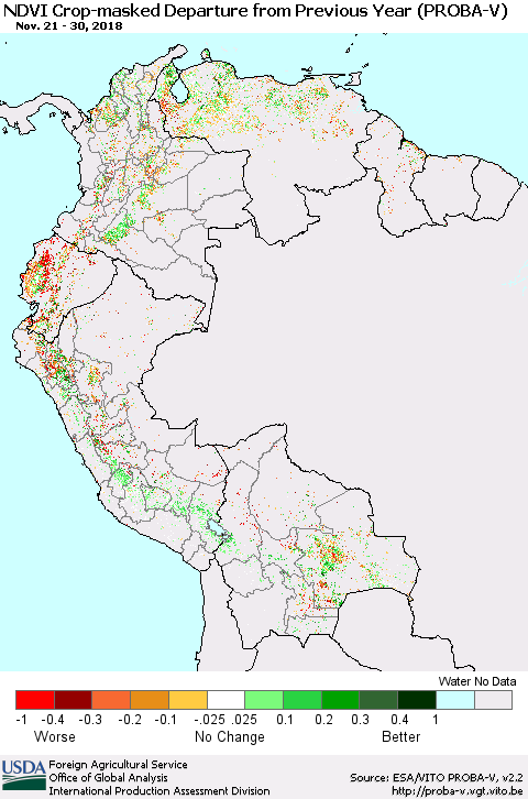 Northern South America NDVI Crop-masked Departure from Previous Year (PROBA-V) Thematic Map For 11/21/2018 - 11/30/2018