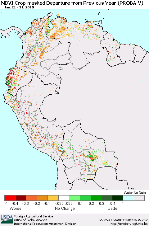 Northern South America NDVI Crop-masked Departure from Previous Year (PROBA-V) Thematic Map For 1/21/2019 - 1/31/2019