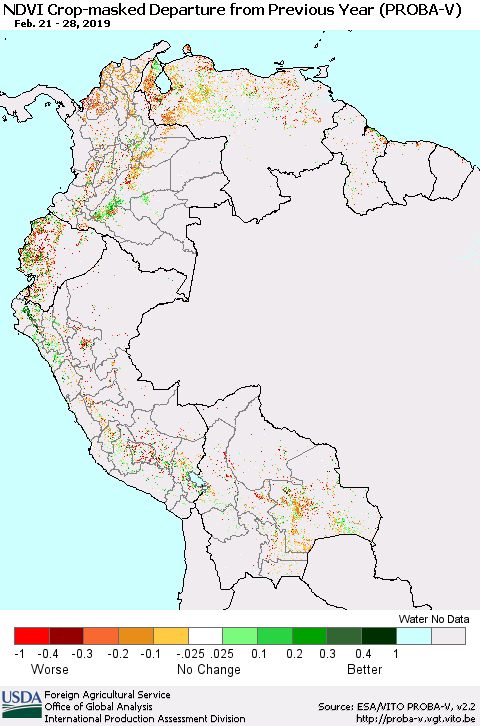 Northern South America NDVI Crop-masked Departure from Previous Year (PROBA-V) Thematic Map For 2/21/2019 - 2/28/2019