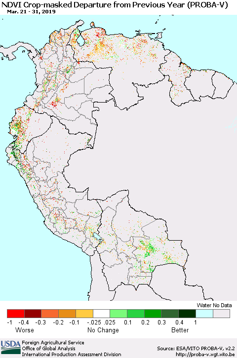 Northern South America NDVI Crop-masked Departure from Previous Year (PROBA-V) Thematic Map For 3/21/2019 - 3/31/2019
