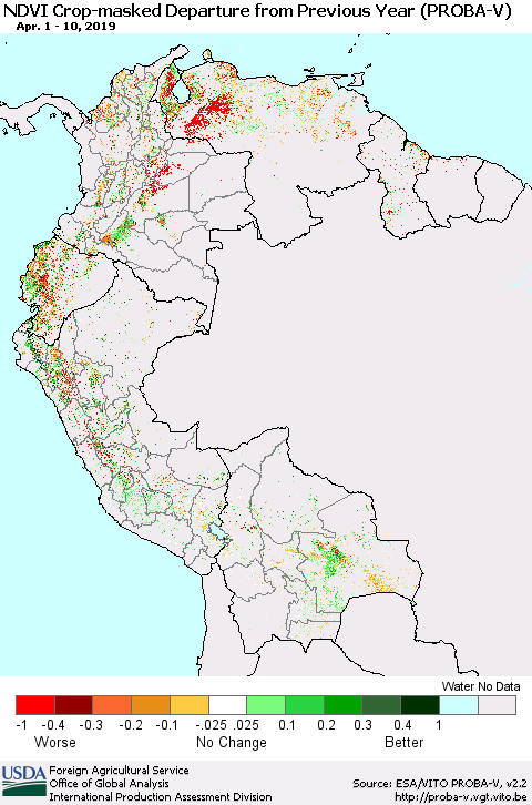 Northern South America NDVI Crop-masked Departure from Previous Year (PROBA-V) Thematic Map For 4/1/2019 - 4/10/2019