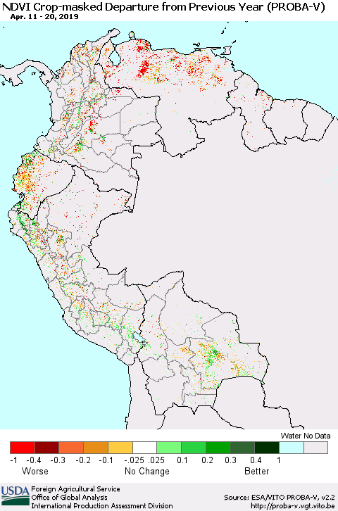 Northern South America NDVI Crop-masked Departure from Previous Year (PROBA-V) Thematic Map For 4/11/2019 - 4/20/2019