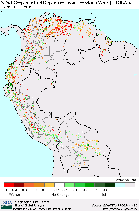 Northern South America NDVI Crop-masked Departure from Previous Year (PROBA-V) Thematic Map For 4/21/2019 - 4/30/2019