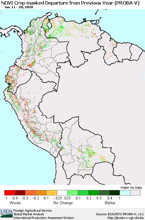 Northern South America NDVI Crop-masked Departure from Previous Year (PROBA-V) Thematic Map For 1/11/2020 - 1/20/2020