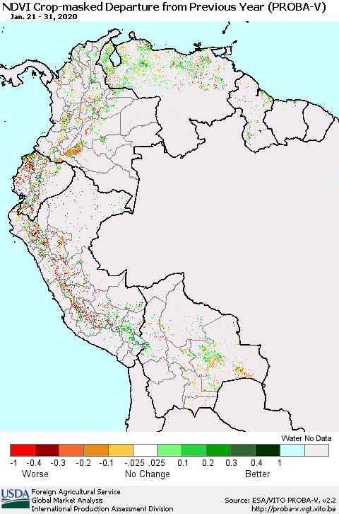 Northern South America NDVI Crop-masked Departure from Previous Year (PROBA-V) Thematic Map For 1/21/2020 - 1/31/2020