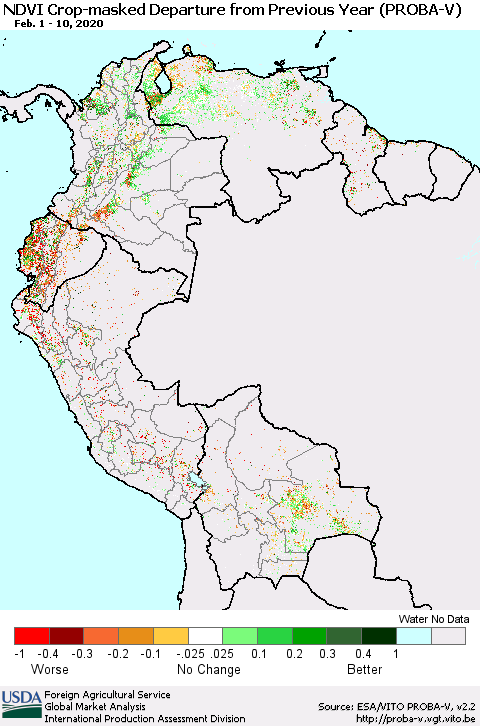 Northern South America NDVI Crop-masked Departure from Previous Year (PROBA-V) Thematic Map For 2/1/2020 - 2/10/2020