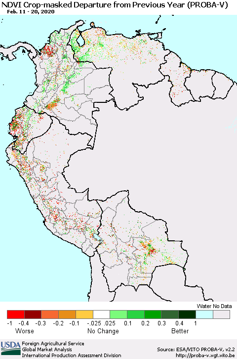 Northern South America NDVI Crop-masked Departure from Previous Year (PROBA-V) Thematic Map For 2/11/2020 - 2/20/2020