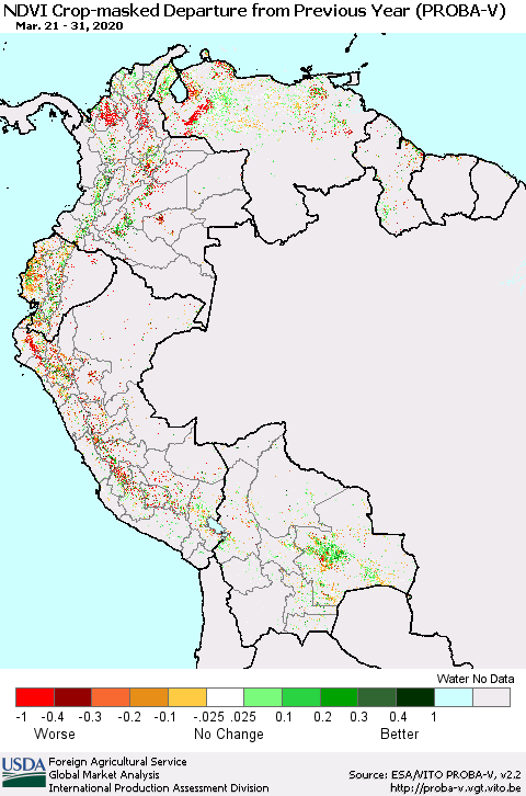 Northern South America NDVI Crop-masked Departure from Previous Year (PROBA-V) Thematic Map For 3/21/2020 - 3/31/2020