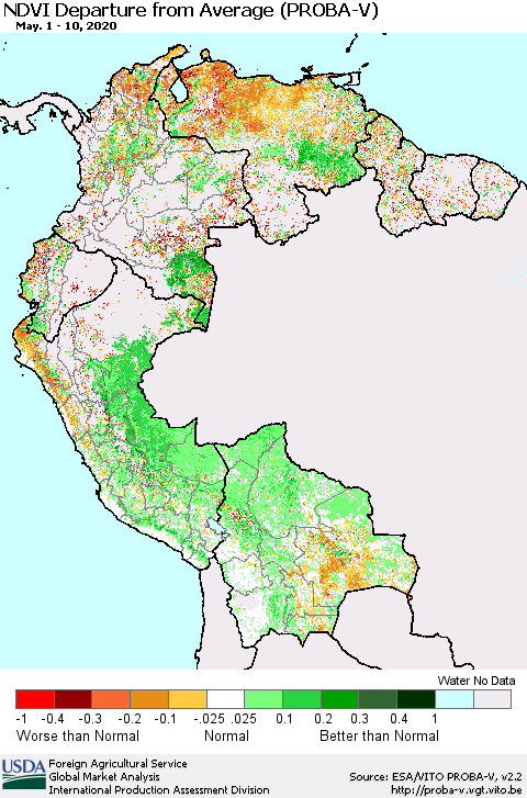 Northern South America NDVI Departure from Average (PROBA-V) Thematic Map For 5/1/2020 - 5/10/2020