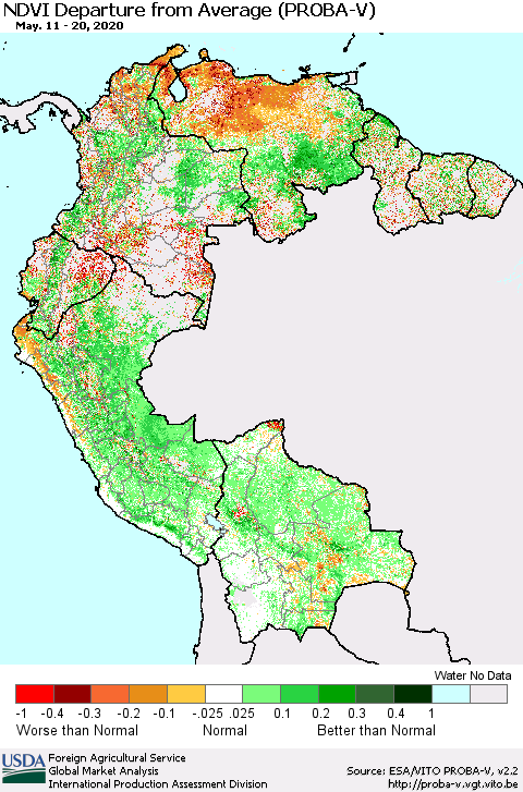 Northern South America NDVI Departure from Average (PROBA-V) Thematic Map For 5/11/2020 - 5/20/2020