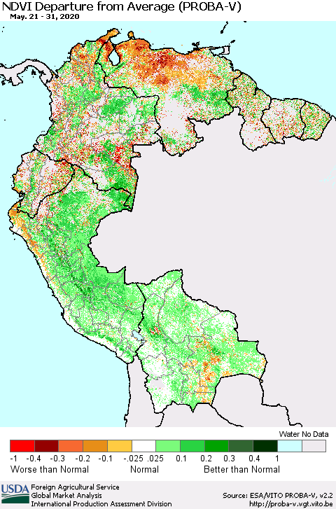 Northern South America NDVI Departure from Average (PROBA-V) Thematic Map For 5/21/2020 - 5/31/2020