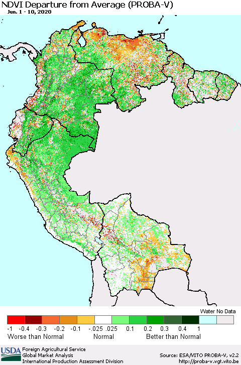 Northern South America NDVI Departure from Average (PROBA-V) Thematic Map For 6/1/2020 - 6/10/2020