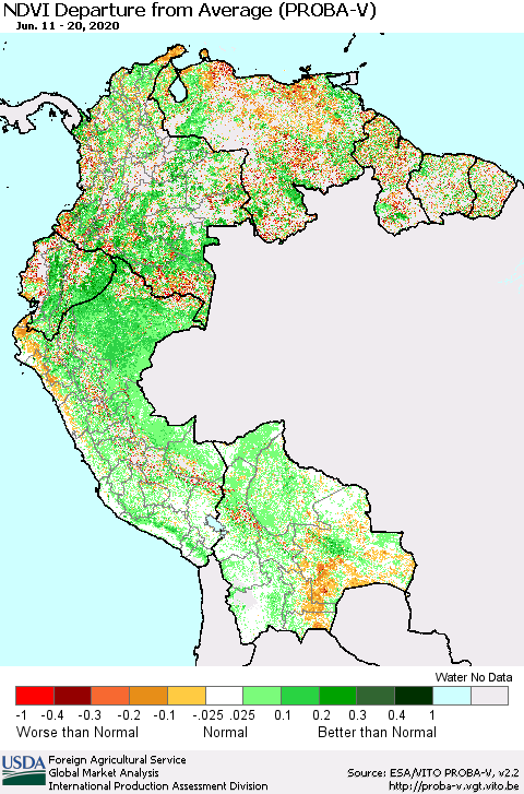 Northern South America NDVI Departure from Average (PROBA-V) Thematic Map For 6/11/2020 - 6/20/2020