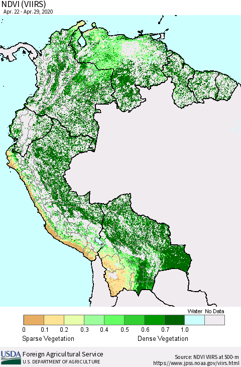 Northern South America NDVI (VIIRS) Thematic Map For 4/21/2020 - 4/30/2020
