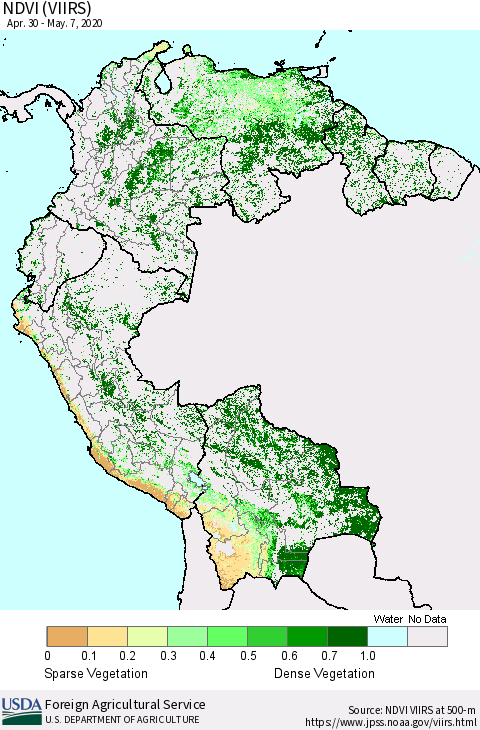 Northern South America NDVI (VIIRS) Thematic Map For 5/1/2020 - 5/10/2020