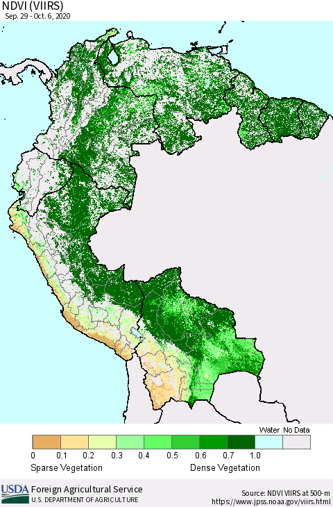 Northern South America NDVI (VIIRS) Thematic Map For 10/1/2020 - 10/10/2020