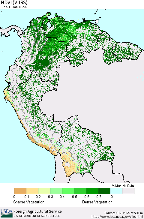 Northern South America NDVI (VIIRS) Thematic Map For 1/1/2021 - 1/10/2021