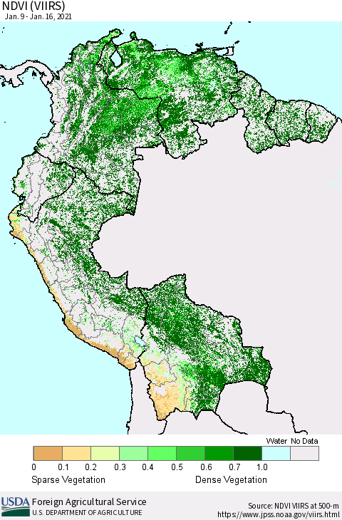 Northern South America NDVI (VIIRS) Thematic Map For 1/11/2021 - 1/20/2021