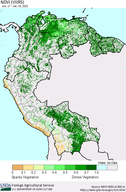 Northern South America NDVI (VIIRS) Thematic Map For 1/21/2021 - 1/31/2021