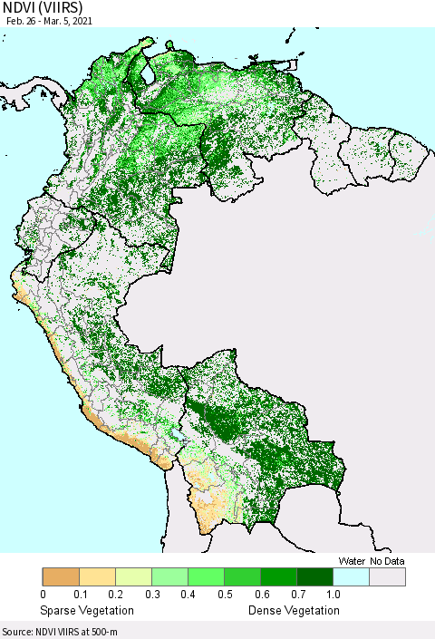 Northern South America NDVI (VIIRS) Thematic Map For 2/26/2021 - 3/5/2021