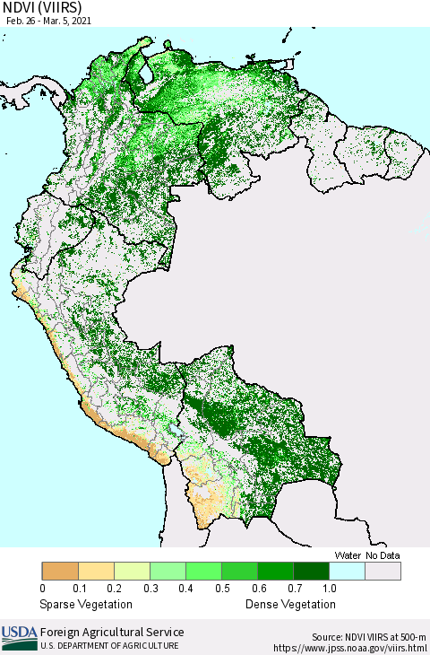 Northern South America NDVI (VIIRS) Thematic Map For 3/1/2021 - 3/10/2021