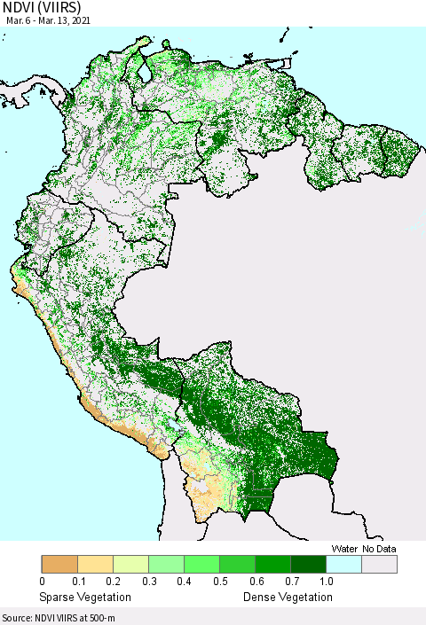 Northern South America NDVI (VIIRS) Thematic Map For 3/6/2021 - 3/13/2021