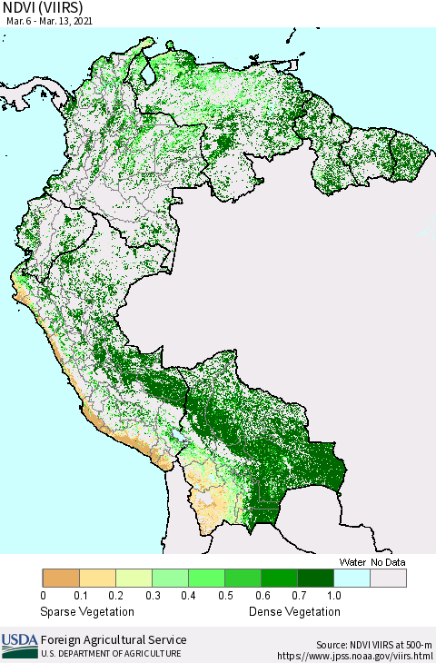Northern South America NDVI (VIIRS) Thematic Map For 3/11/2021 - 3/20/2021